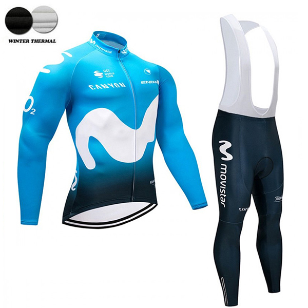 2018 Movistar Squadre Winter Abbigliamento Ciclismo Maglia Ciclismo Manica Lunga e Salopette Lunga 96106KN