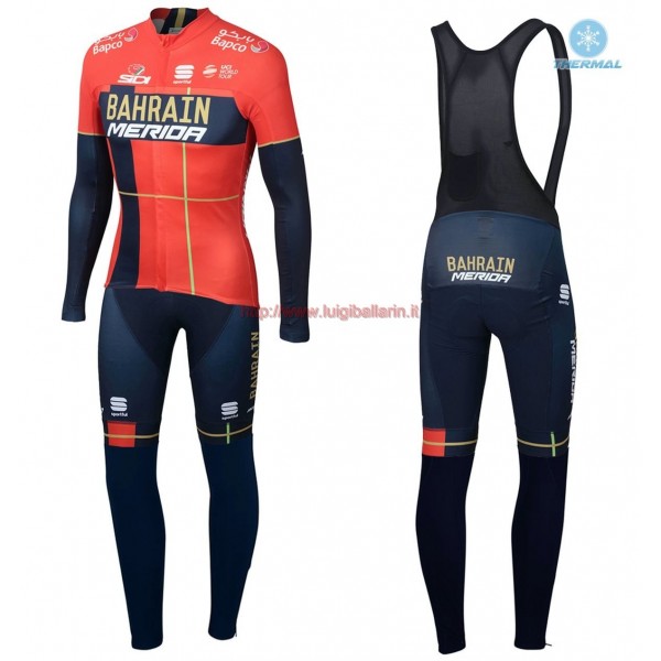 Completo Ciclismo 2019 Merida Bahrain rosso thermique Maglia Ciclismo Manica Lunga e Salopette Lunga