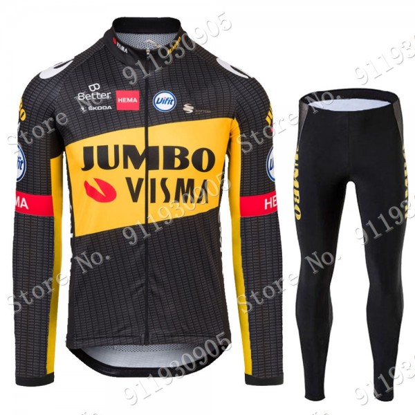 Jumbo Visma Tour De France 2021 Wielerkleding Set Fietsshirts Lange Mouw + Lange Fietsrbroek FeU89